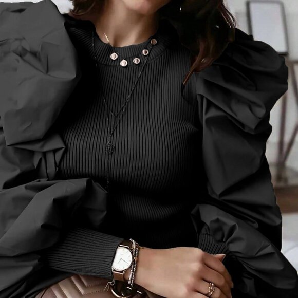 Black Casual Women's Crew Neck Fitted Puff Sleeve Splice - Picture 3 of 5